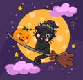 Vector illustration of lovely black cat in hat with pumpkin on broomstick against moon Royalty Free Stock Photo